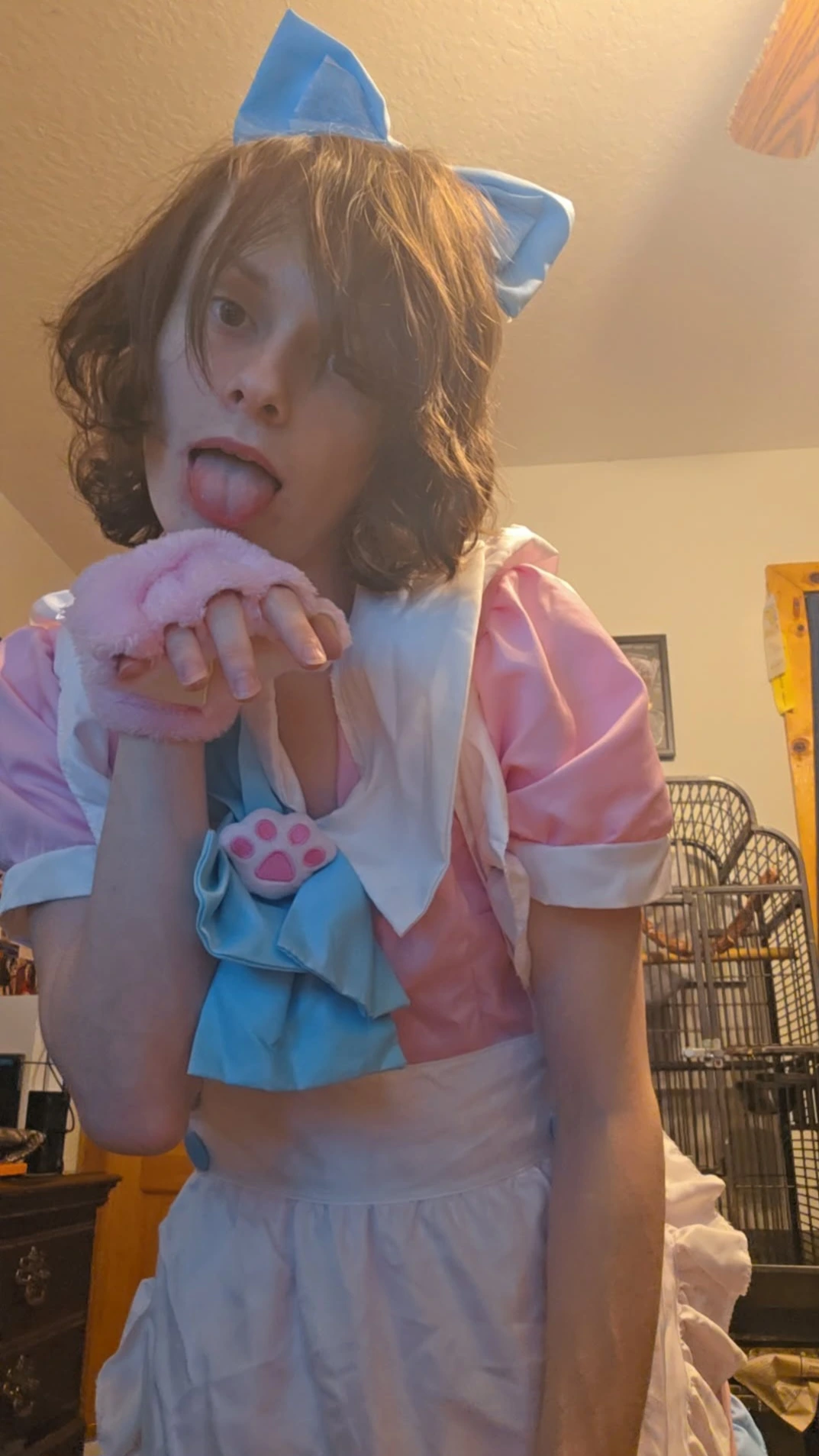 An adorable pink, white, and blue cat maid outfit